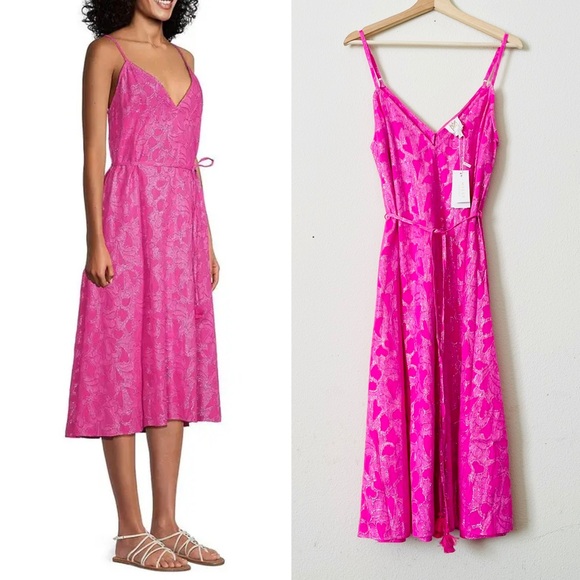 NWT Milly SMALL Shimmer Floral tie waist Jacquard slip dress in hot pink